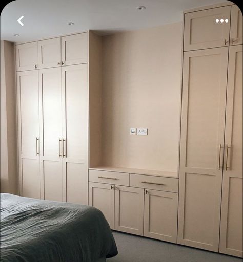 Lily Pebbles Bedroom, Built In Wardrobe With Bench, Lily Pebbles Home, Ikea Bedroom Wardrobe Ideas, Tv In Wardrobe, Built In Wardrobe Ideas Bedrooms, Setting Plaster Bedroom, Fitted Robes, Inbuilt Wardrobe