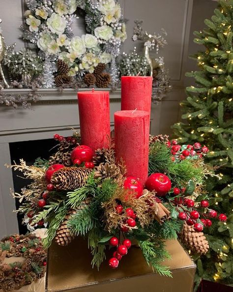 GOODE FLOWERS on Instagram: "What’s on the menu today…? Christmas.! All our candle arrangements, wreaths, garlands, advents and so much more, are lovingly handmade by us here, in the workrooms of our Charlotte Street shop. Come on in and get those seasonal vibes. . #madewithlove #handmadeuk #madeinlondon #londonflorist #londonflowers #londonchristmas #homesweethome #homedecor #christmasdecorations #centrepieces #tablecandles #christmastabledecor #makingchristmas #christmascandles #luxurycandles Christmas Centre Pieces, Luxury Florists, Charlotte Street, Candle Arrangements, Christmas Floral Arrangements, Candle Table, London Christmas, Xmas Lights, Wreaths And Garlands