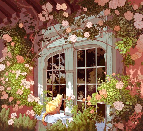 Cottagecore Aesthetic Illustration, Cute Cottagecore Art, Cottagecore Digital Art, Drawing Ipad Aesthetic, Cottagecore Aesthetic Anime, Cottagecore Art Aesthetic, Cottagecore Art Wallpaper, Garden Art Illustration, Spring Window Art