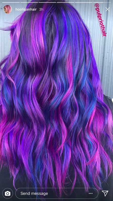 Pink Purple Hair Streaks, Vivid Hair Color Balayage, Hot Pink Purple Hair, Purple With Pink Highlights, Vivid Hair Color Highlights, Pink Hair With Purple Highlights, Purple Hair With Pink Highlights, Magenta And Purple Hair, Pink Blue And Purple Hair