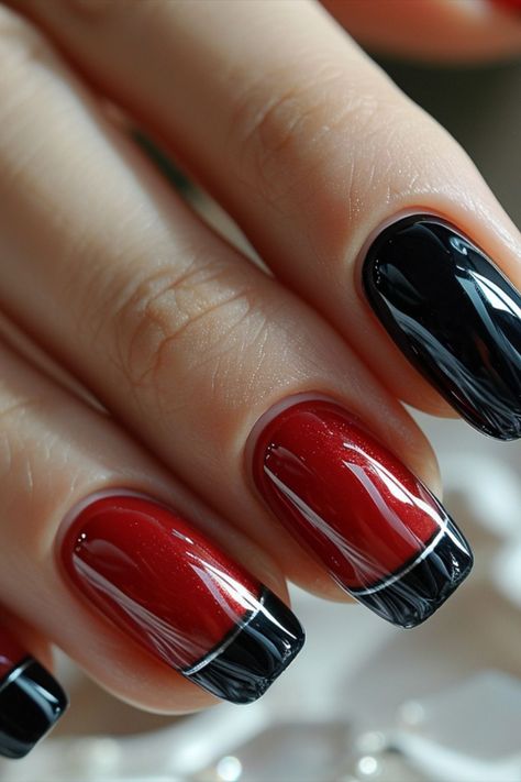 Nail Art Designs Summer French Tip, Black And Red Tipped Nails, Black And Red Dip Nails, Black French Manicure Designs, Red And Black Nail Design, Red Nails With Black French Tip, Red Nails With Black Tips, Reverse French Tip Nails, Black French Tip Nail Designs