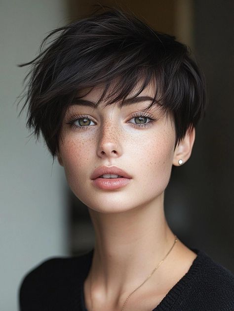 Flattering Short Hairstyles for Long Faces: Best Cuts and Styling Tips Long Face Pixie Haircut, Short Hair Square Face Pixie Cuts, Pixie For Long Face, Rectangular Face Hairstyles, Haircut Dark Brown Hair, Short Hair Long Face, Brown Hair Layered, Short Haircuts For Long Faces, Layered Haircuts With Side Bangs