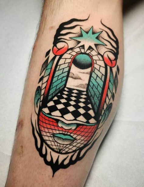 Trippy Geometric Tattoo, Traditional Surrealism Tattoo, Trad West, American Traditional Tattoos Color, Trippy Tattoo Designs, Portal Tattoo, Pop Tattoo, Trippy Tattoo, Surreal Tattoo