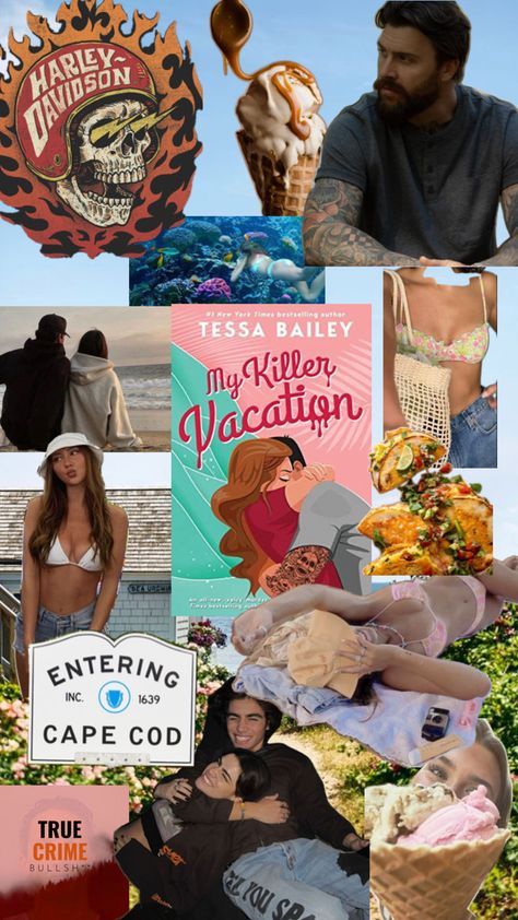 Collage of Tessa Bailey’s book “My Killer Vacation”. Myles Sumner and Tayler Bassey fall in love in Cape Cod Massachusetts while solving a murder mystery. Unfortunately Yours Tessa Bailey Aesthetic, Books For Vacation Reading, My Killer Vacation Aesthetic, My Killer Vacation Tessa Bailey, My Killer Vacation, Collages Ideas, Cute Bookshelves, Booktok Aesthetic, Tessa Bailey