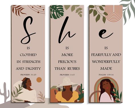 PRICES MAY VARY. 【Positive Quotes Wall Decor】 Elevate the ambiance of your room with our 3 pieces African American girl's wooden hanging wall art. These inspirational word sign decors featuring the phrase "She is clothed in strength and dignity" "She is more precious than rubies" "She is fearfully and wonderfully made" add a touch of positivity and elegance to any space, especially for teen girls and women. 【Charming Floral Aesthetics】 The delicate blend of the uplifting quote and intricate flor Wall Decor African, Feminist Bedroom Decor, Female House Decor, Neo Soul Room Decor, She Room Ideas For Women, She Is Clothed In Strength And Dignity, Black Empowerment Art, African Decor Bedroom, Prayer Room Decor