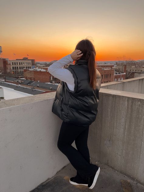 Winter outfit sunset parking garage photo inspo outfit inspo rent the runway puffer vest yoga pants flare leggings Parking Garage Sunset, Garage Photos, Yoga Pants Flare, Parking Garage, Inspo Outfit, Rent The Runway, Flare Leggings, Puffer Vest, Photo Inspo