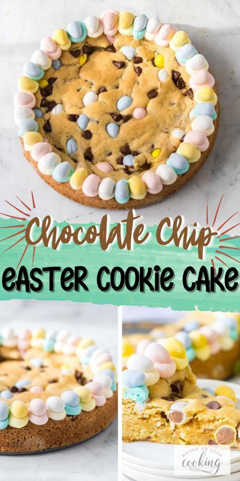 If you’re looking for an impressive springtime dessert, this Easter Cookie Cake is it! The giant chocolate chip cookie cake is filled with mini Cadbury eggs for a seasonal touch. Decorate this cookie cake by piping on luscious buttercream frosting in pastel shades and garnishing with more mini eggs for a holiday dessert that’s not only lovely but simply irresistible. Cadbury Egg Cookie Cake, Mini Egg Cookie Cake, Easter Chocolate Chip Cookie Cake, Easter Egg Cookie Cake, Easter Cookie Pie, Mini Egg Cookie Pie, Easter Chocolate Cake Ideas, Giant Easter Cookie, Easter Bunny Cookie Cake