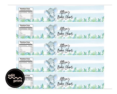 "♥PRINTABLE WATER BOTTLE LABEL: Fits 8 fl oz, 12 fl oz, 16.9 fl oz, and 20 fl oz water bottles. This is a 9\" x 1.7\" DIY water bottle label that can be printed at home or sent out to a print shop. See 'PRINTING INFORMATION' below for detailed printing instructions. NOTE: The editing website is only accessible from a desktop/laptop computer. You cannot edit on a phone or tablet. ♥ALL TEXT IS EDITABLE! Our online software allows you to easily customize and print your templates within minutes. No Diy Water Bottle Labels, Blue Elephant Baby Shower, Printable Water Bottle Labels, Baby Shower Blue, Diy Water Bottle, Water Bottle Label, Blue Elephant, Blue Baby Shower, Blue Elephants