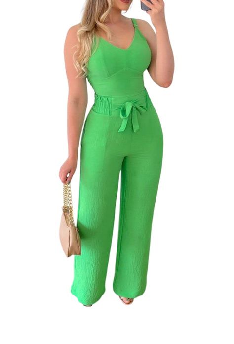 PRICES MAY VARY. Size: S=US(6-8),M=US(8-10),L=US(10-12),XL=US(12-14) ,Summer sexy 11 piece outfits v-neck crop top wide leg pants set dressy jumpsuits Sleeveless jumpsuits for women sexy Party Clubwear Romper Pants with Belt Features: Pull On closure; Sexy Cami Top: Adjustable shoulder strap, smocked on backside//Pant: smocked elastic waist with waist belt This Two Piece black jumpsuit Sets with cami crop top and high waisted wide leg Pant,combine classic and fashion,make you look elegant when w High Waisted Wide Leg Pants, Jumpsuit Dressy, Green Jumpsuit, Womens Cami, Cami Crop Top, Sleeveless Jumpsuits, Romper Pants, Black Jumpsuit, Long Pants