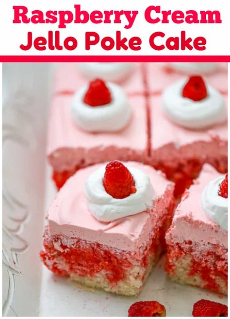 Raspberry Cream Jello Poke Cake is super moist, fruity and luscious-amazing!  We can't stop obsessing how yummy and beautiful it looks with the raspberry jello drizzles inside of the cake. Voila...dreamy Poke Cake exploding with raspberry flavor!  Made with a super easy scratch white cake made with pantry staple ingredients, jello, jello mousse, whipped cream and raspberries, this dessert is perfect to bring to family gatherings, holidays, parties and more. #jello #raspberry #pokecake Jello Poke Cake Recipe, Jello Mousse, Cream Jello, Jello Poke Cake, Marshmallow Dessert, Raspberry Jello, Poke Cake Jello, Poke Cake Recipe, Stop Obsessing