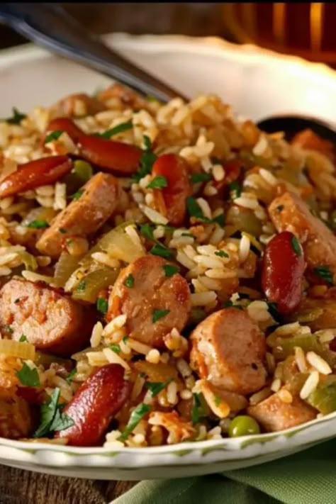 Pork Jambalaya Recipe, Authentic Creole Jambalaya Recipe, Seafood Sausage, Creole Jambalaya Recipe, Jambalaya Recipes, Jambalaya Rice, Creole Jambalaya, Justin Wilson, Cajun Rice