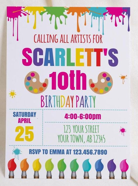 Paint Birthday Party, Artist Birthday Party, Art Birthday Invitations, Art Birthday Party Invitations, Art Party Decorations, Art Themed Party, Kids Painting Party, Art Party Invitations, Art And Painting