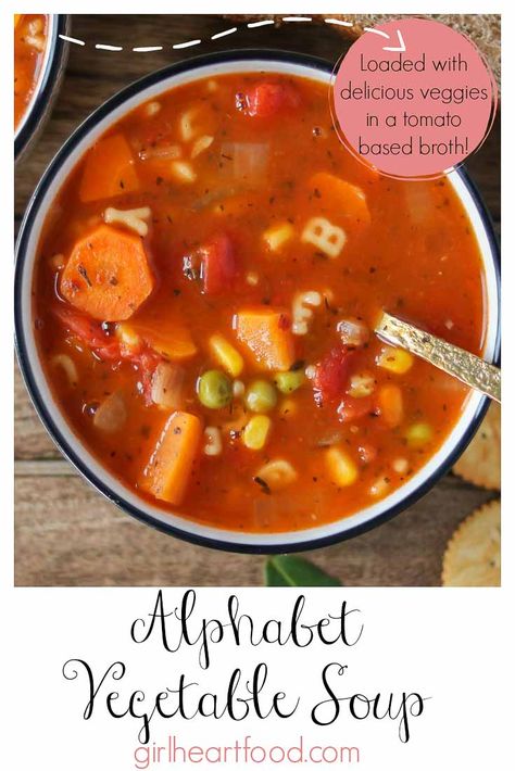 A classic made from scratch, this vegetable alphabet soup is chock full of veggies and fun alphabet pasta!  It's warming, hearty and delicious! #alphabetsouprecipe #alphabetsoup #vegetablesoup #easyvegetablesoup #veggiesoup #heartyvegetablesoup #howtomakealphabetsoup #vegetablenoodlesoup #vegsouprecipe #homemadevegetablesoup Alphabet Soup Recipe, Veg Soup Recipes, Alphabet Pasta, Easy Grilled Cheese, Easy Vegetable Soup, Creamy Tomato Basil Soup, Hearty Vegetable Soup, Fun Alphabet, Vegetable Soup Healthy