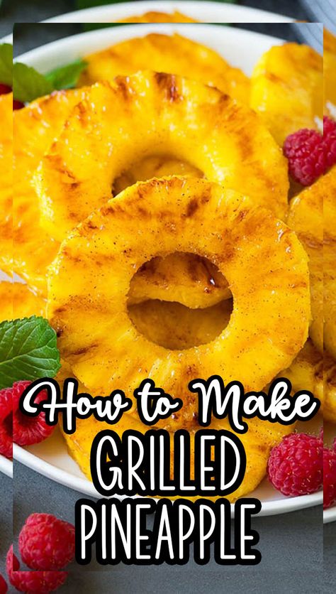 This grilled pineapple is sliced fresh pineapple brushed with brown sugar, butter and cinnamon, then grilled to perfection. Grilled Fruit Recipes, Grilled Pineapple Recipe, Cooked Pineapple, Brown Sugar Butter, Grilled Pork Tenderloin, Grilled Fruit, Pineapple Recipes, Fresh Pineapple, Easy Side Dish