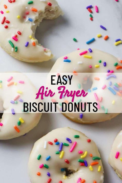 Air Fryer Biscuit Donuts are so easy to make and are so much healthier than deep-fried donuts! Using canned biscuit dough, you can throw these together with only about 5 minutes prep. #donuts #airfryer #airfryerrecipes #sprinkles #biscuits #biscuitdonuts #breakfast #dessert #skinnycomfort Recipe Using Canned Biscuits, Air Fry Donuts, Deep Fried Donuts, Canned Biscuit, Biscuit Donuts, Comfort Recipes, Air Fryer Chicken Tenders, Fried Donuts, Weight Watchers Recipes Desserts