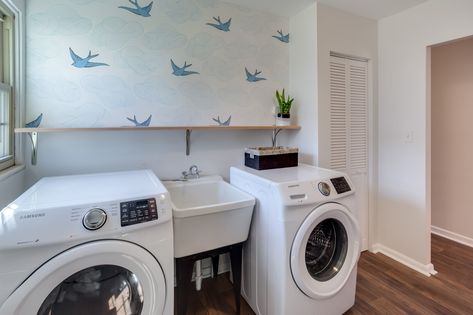 Updated laundry room with intentional design | Building Bluebird Sink Between Washer And Dryer, Between Washer And Dryer, Functional Laundry Room, Easy Diy Home Projects, Intentional Design, White Laundry Rooms, Green Laundry, Flip House, Houses Design