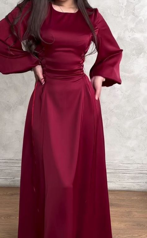 Red Dresses Classy Elegant, Red Satin Dress Long Sleeve, Red Modest Dress, Modest Birthday Dress, Modest Red Dress, Red Dress Hijab, Modest Party Dress, Japanese Lolita Fashion, Traditional Women