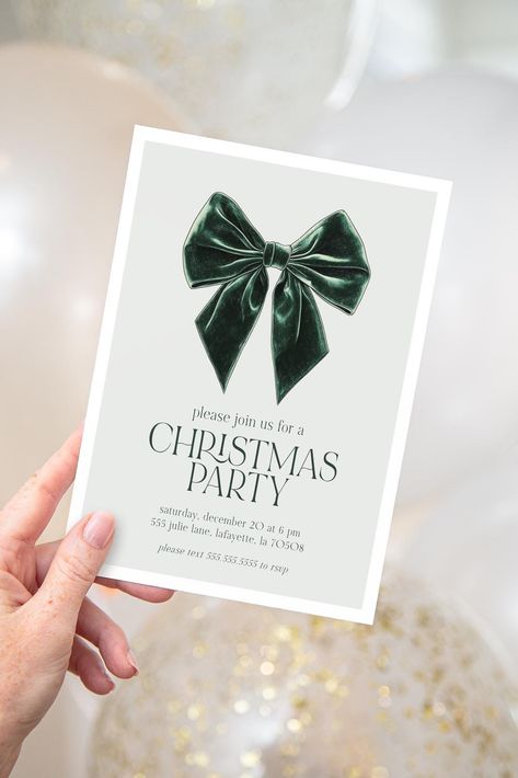 Green Bow Christmas Party Invitation | Holiday Party Invite | Printable Instant Download | Editable Template ✅ DEMO: Demo this item now! https://www.corjl.com/d/1O189D ✅ PERSONALIZE: 1️⃣ After purchasing, you will receive an email from Corjl with a link to access and edit your item. You can also go directly to Corjl.com and use your order info to log in and access your purchased items. 2️⃣ Personalize your items, then save or approve the proofs. 3️⃣ Download your files and print. ✅ SIZE: Invitat Christmas Eve Invitations, Business Christmas Party Ideas, Christmas Party Outside, Christmas Party Decorations Elegant, Holiday Email Design, December Birthday Party Ideas, Christmas Invitations Ideas, Christmas Dinner Invitations, Holiday Favorite Things Party