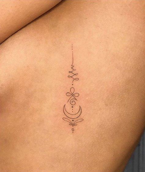 Tattoo Ideas Unalome, Unalome Star Tattoo, Unalome Moon Tattoo Meaning, Unalome With Lotus Tattoo Female Design, Tiny Spiritual Tattoos For Women, Spiritual Stick And Poke Tattoo, Unalome With Moon, Lotus Unalome Tattoo Meaning, Unalome Tattoo Back