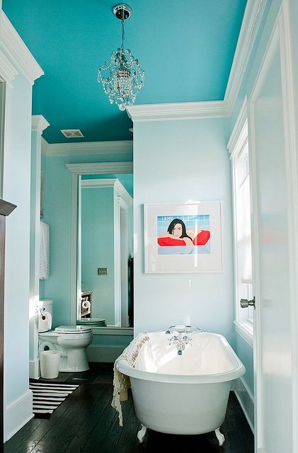 "There's really no such thing as too much sparkle" #Jewelry #Sparkle #Diamonds #Bra #Sexy #Turquoise Visit Kaiio.com for more... Bathroom Ceiling Paint, Bathrooms Apartment, Ceiling Paint Colors, Turquoise Bathroom, Turquoise Room, Dark Ceiling, Blue Ceilings, House Of Turquoise, Bad Inspiration