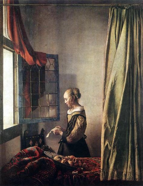 Jan Vermeer - Girl Reading a Letter at an Open Window - Johannes Vermeer - Wikimedia Commons Jan Vermeer, Vermeer Paintings, Art Baroque, An Open Window, Dutch Masters, Dutch Golden Age, Amedeo Modigliani, Edward Hopper, Johannes Vermeer