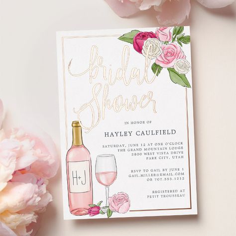 Rosé Garden | Bridal Shower Foil Invitation Wine Bridal Shower Invitations, Garden Bridal Shower Invitations, Modern Bridal Shower Invitations, Bridal Shower Wine, Garden Bridal Showers, Bridal Brunch Invitations, Modern Bridal Shower, Elegant Bridal Shower, Brunch Invitations