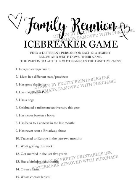 Family Reunion Game Printable Family Reunion Icebreaker Game - Etsy Family Reunion Scavenger Hunt, Family Reunion Banquet, Find Someone Who Game, Family Reunion Activities, Reunion Games, Family Reunion Planning, Family Reunion Games, Icebreaker Activities, Ice Breaker Games