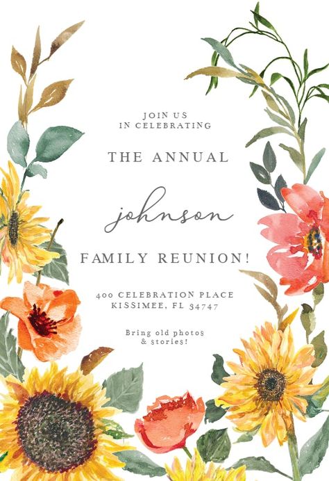 Reunion Invitation Card, Family Reunion Invitations Templates, Family Reunion Themes, Sunflower Border, Thanksgiving Cards Printable, Housewarming Invitation Templates, Reunion Invitation, Family Reunion Invitations, Housewarming Invitation