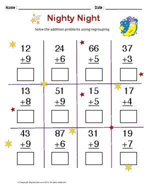 Worksheet | Nighty Night | Solve each addition problem using regrouping / carry over. Carry Over Addition Worksheets, Addition Regrouping, Maths Revision, Math Fact Worksheets, Homeschool Fun, Math Addition Worksheets, 3rd Grade Math Worksheets, Maths Worksheets, Addition And Subtraction Worksheets