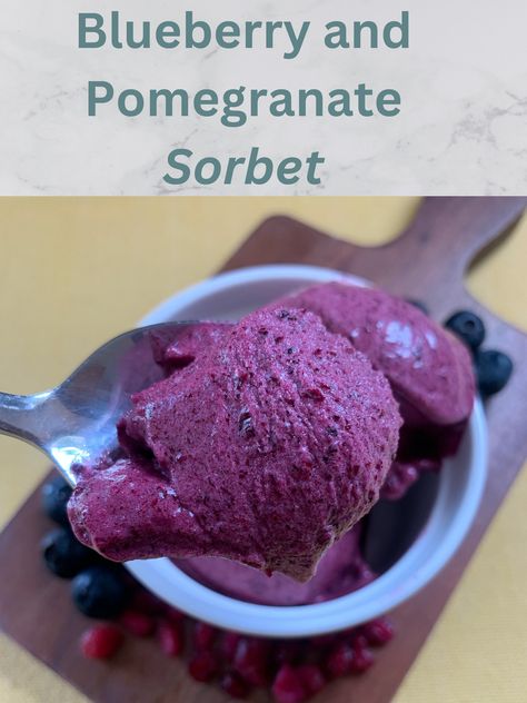 This Blueberry and Pomegranate Sorbet is a must-make for a hot summer day! It’s fruity and so refreshing. It only takes a few simple ingredients and is really easy to make! Pomegranate Sorbet, Blueberry Pomegranate, Blender Ice Cream, Sorbet Is, Easy Blueberry, Kitchen Corner, Pomegranate Juice, Frozen Blueberries, Ice Cream Maker