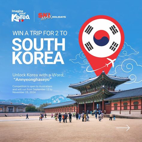 Annyeonghaseyo! 👋 Are you ready to go on an adventure to South Korea? 🇰🇷 Korea Tourism Organization will give away “a trip for two” to South Korea, where you can witness its incredible beauty, including bustling cities, rich cultural experiences, and breathtaking views! From September 13 to November 15, you can win a fantastic trip by simply saying “Annyeonghaseyo” (Hello in Korean) at 🔗 https://unlockkorea.com.au/pt/! Earn a maximum of 10 entries when you correctly say “Annyeonghasey... Hello In Korean, Korea Tourism, Win A Trip, Cultural Experience, Breathtaking Views, Go On, South Korea, Tourism, The Incredibles