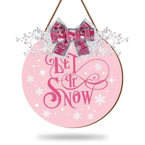 PRICES MAY VARY. Pink Let It Snow Wooden Hanging Sign - 1pcs Christmas themed wooden sign is in the package, patterned with snowflakes, printed with LET IT SNOW, decorated with a bow, colored mainly in pink, cute and pretty. With a hemp for hanging, very easy to use. Proper Size - The wooden sign is about 30 x 30cm/12 x 12 inch, proper size for your front door, window, wall, etc., bring vitality into your home and party. Premium Material - Made of durable wood, safe and odorless, not easy to cor Pink Christmas Door Hanger, Christmas Circle Wood Signs, Cricut Christmas Decorations, Winter Welcome Sign, Snowflake Door, Wall Window Decor, Showcase Ideas, Christmas Signs Diy, Corner Ideas