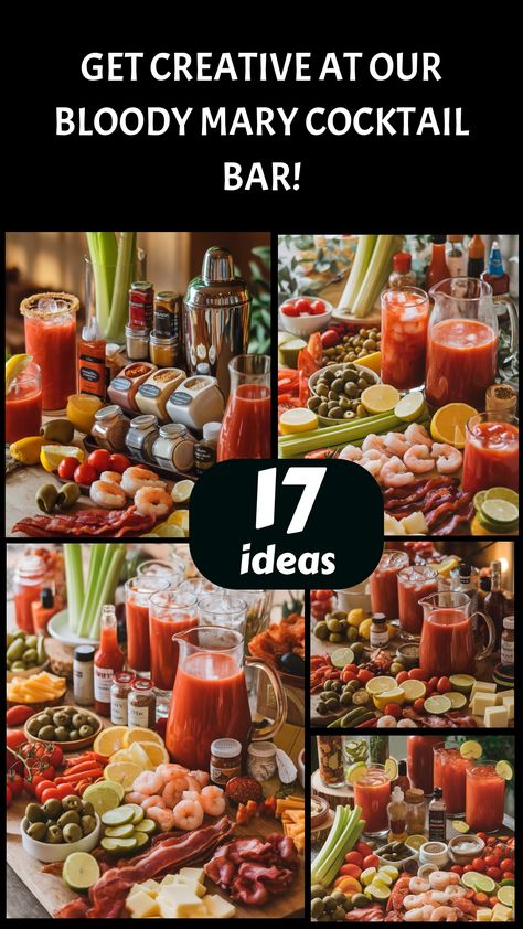 Bloody Mary cocktail bar with ingredients like shrimp, olives, celery, and various spices, with text promoting creativity. Bloodymary Cocktail Garnishes, Bloodymary Cocktail Bar, Bloodymary Cocktail Recipe Easy, Creative Cocktail Garnishes, Blood Mary, Christmas Candy Easy, Easy Christmas Candy Recipes, Spicy Seasoning, Tasty Drinks