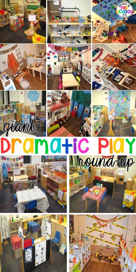 Check out this giant dramatic play round-up of my favorite pretend center ideas for preschool, pre-k, and kindergarten. Pretend Play Area Preschool, Pre K Dramatic Play Center, Pretend Center Preschool, Dramatic Play Decorating Ideas, Centers For Preschool Classroom Ideas, Ideas For Centers In Preschool, Ideas For Dramatic Play Center, Preschool Activity Themes, Dramatic Play Back To School