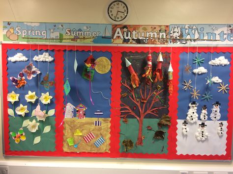 Four seasons classroom display Seasons Wall Display Classroom, Nursery Boards Classroom Displays, 4 Seasons Bulletin Board Ideas, Seasons Classroom Display, Seasons Classroom Decorations, Seasons Theme Boards For Preschool, Seasons Display Board, Weather Bulletin Board Preschool, Preschool Display Boards