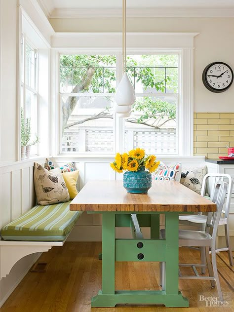 A pop of paint on the table base makes this banquette a standout. #banquette #dining #bhg Coin Banquette, L Shaped Bench, Dining Booth, Bench Seating Kitchen, Banquette Seating In Kitchen, Bench Dining, Kitchen Banquette, Lights Chandelier, Chairs Kitchen