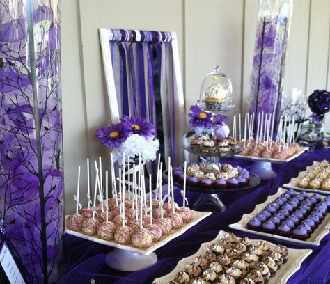 Purple and Zebra birthday party dessert table Purple Catering Set Up, Purple And Gold Birthday Party Ideas, 50 Shades Of Purple Birthday Party, Birthday Party Table Centerpieces, Purple Dessert Tables, Peacock Birthday Party, Zebra Birthday Party, Birthday Party Dessert Table, Purple Desserts