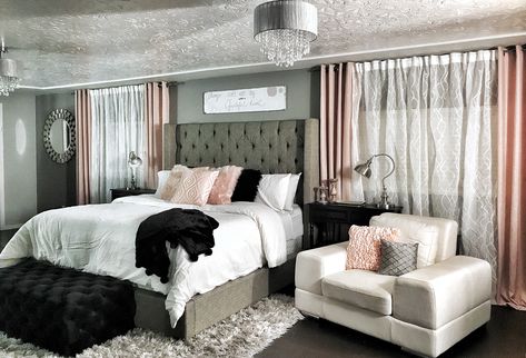 Master bedroom. Dramatic Wing back bed. Champagne/ Rose gold/ Pink/ blush with greys and blacks! Room Decor Bedroom Rose Gold, Grey And Gold Bedroom, Glamorous Bedroom, Rose Gold Rooms, Blush Bedroom, White Bedrooms, Rose Gold Bedroom, Rose Bedroom, Gold Room Decor