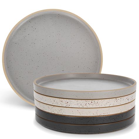 PRICES MAY VARY. [6 Piece Dinnerware Sets]: Dine in style with the Potted Pans Flat Plates; Customize your table by adding the coordinating bowls, and blates to your place setting [Plates With Lipped Edges]: 10.5in (26.67cm) diameter flat plates feature a 0.85in (2.16cm) tall rim to allow for maximum capacity without spillage ruining the meal [Safe for Kitchen Use]: These modern dinner plates are safe for use in the oven, dishwasher and microwave, so you can enjoy every meal on these beautiful l Modern Neutral Kitchen, Modern Dishes, Flat Plates, Modern Dinner Plates, Mismatched Plates, Speckle Glaze, Neutral Kitchen, Ceramic Dinnerware Set, Homecooked Meals