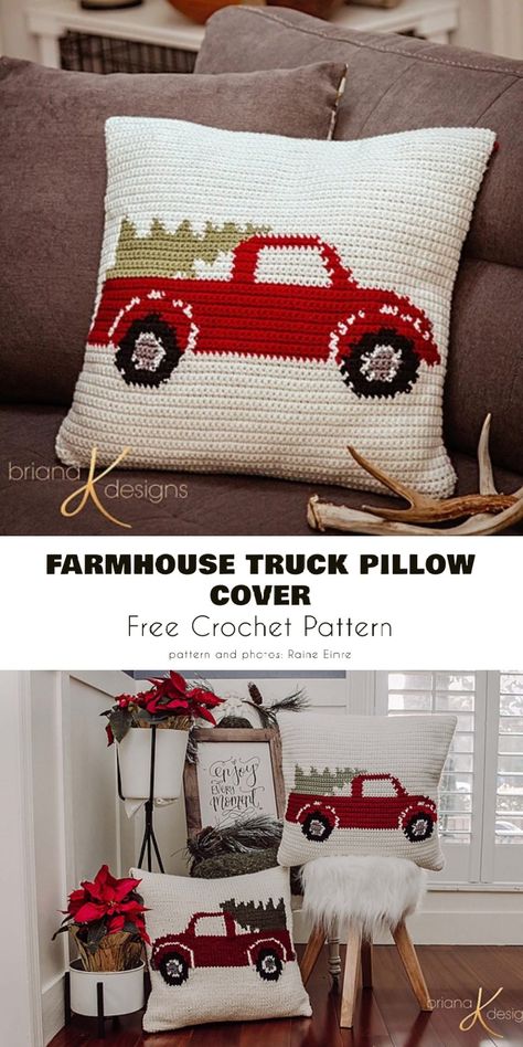 Farmhouse Truck Christmas Pillow Cover Christmas Throw Pillow Covers, Crocheted Christmas Pillow Patterns, Tapestry Crochet Pillow Pattern Free, Christmas Crochet Pillow Cover, Crochet Holiday Pillow, Free Crochet Christmas Pillow Patterns, Tapestry Crochet Patterns Christmas, Christmas Crochet Pillow Patterns Free, Christmas Pillow Crochet Patterns Free