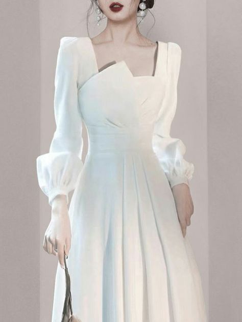 Korean Dress Elegant, Asian Prom Dress, Dresses Korean Style, Light Wedding Dress, Bridesmaid Dresses Long Lace, Gown Long Sleeve, Simple White Dress, Bride Dress Simple, Classy Wedding Dress