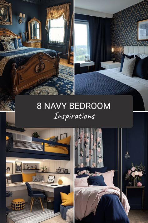 Transform your sleeping space with these 8 inspiring navy bedroom design ideas. From sophisticated color schemes to layered textures, create a serene atmosphere that reflects your unique style. Enhance your interior decor with navy accents and complementary shades to create visual harmony. Incorporate navy themed bedding, wall art, and curtains to bring depth and elegance to your bedroom. Get inspired to mix patterns and enjoy a peaceful haven that feels luxurious and personalized all at once. There's something for everyone in these popular design schemes. Navy Blue Curtains Bedroom Ideas, Bedroom With Blue Curtains, Bedroom With Dark Blue Walls, Navy Furniture Bedroom, Navy Headboard Bedroom Decorating Ideas, Navy Blue And Beige Bedroom, Dark Navy Bedroom, Navy And Gold Bedroom, Blue And Brown Bedroom