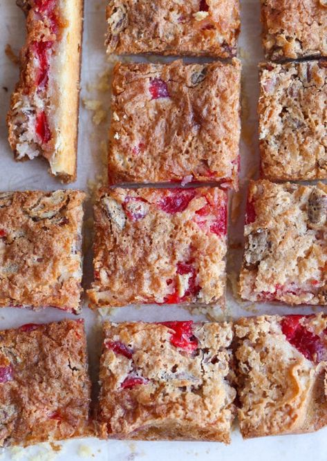 These Cherry Coconut Bars are INSANE. They're buttery shortbread topped with a sweet and chewy coconut cherry filling. Nostalgic in the best way possible, and as perfect on a holiday platter as they are with a cup of coffee. #cookiesandcups #coconut #cherry #cookiebars #imperialsugar Cherry Coconut Bars, Coconut Squares Recipe, Coconut Bars Recipe, Coconut Squares, Cherry Recipes Dessert, Cherry Bread, Cookies And Cups, Cherry Bars, Cherry Coconut