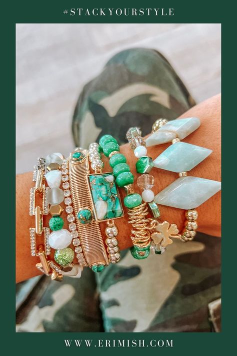 Make sure to wear your green for St. Patty's day! We paired our St. Patricks day Starter Stack with the Diamond Bracelet in green, Ryan bracelet,Snake Cuff, and Hunter bracelet to make the perfect arm stack! See more on Insta & FB @Erimish or shop the look at www.erimish.com. #erimish #stackyourstyle #armparty #wristybusiness #holiday #stacks Bracelets Stacked, Arm Stack, Stacked Bracelets, Bracelet Stacks, Arm Party, Stackable Bracelets, Bar Bracelets, Shop The Look, Bracelet Stack