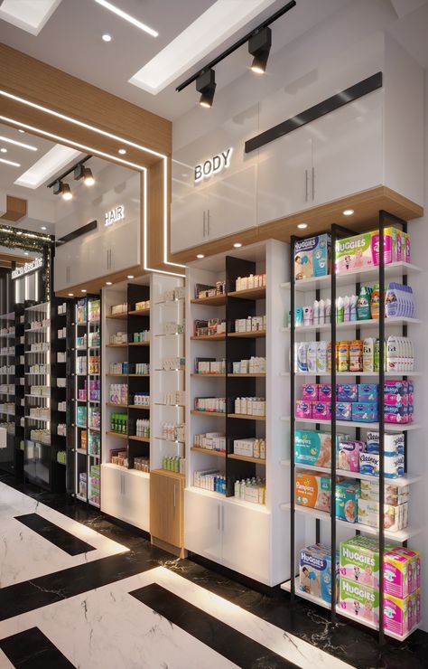 Drugstore Design Interiors, Store Cosmetics Design, Supplement Store Design, Cosmetics Shop Design Store Interiors, Medical Store Interior Design, Medical Shop Interior Design, Pharmacy Store Design Interiors, Beauty Shop Interior, Pharmacy Interior Design