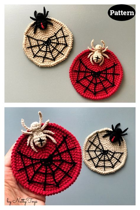 Halloween Crochet Decor Patterns, Crochet Spider Applique, Spider Crochet Pattern Free, Crochet Halloween Decorations, Coaster Crochet Pattern, Coaster Crochet, Crochet Garland, Crochet Placemats, Crochet Halloween