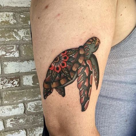 https://allabouttattoo.com/wp-content/uploads/2023/04/Traditional-Turtle-Tattoo-1.webp Traditional Turtle Tattoo Design, American Traditional Sea Turtle Tattoo, Old School Turtle Tattoo, American Traditional Turtle Tattoo, Traditional Tattoo Turtle, American Traditional Turtle, Traditional Turtle Tattoo, Ocean Animal Tattoos, Biology Tattoo