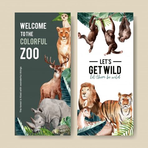 Zoo Flyer, Zoo Brochure, Zoo Poster Design, Tiger Watercolor, Ebook Template Design, Autumn Animals, Autumn Illustration, Cartoon Panda, Lion Tiger