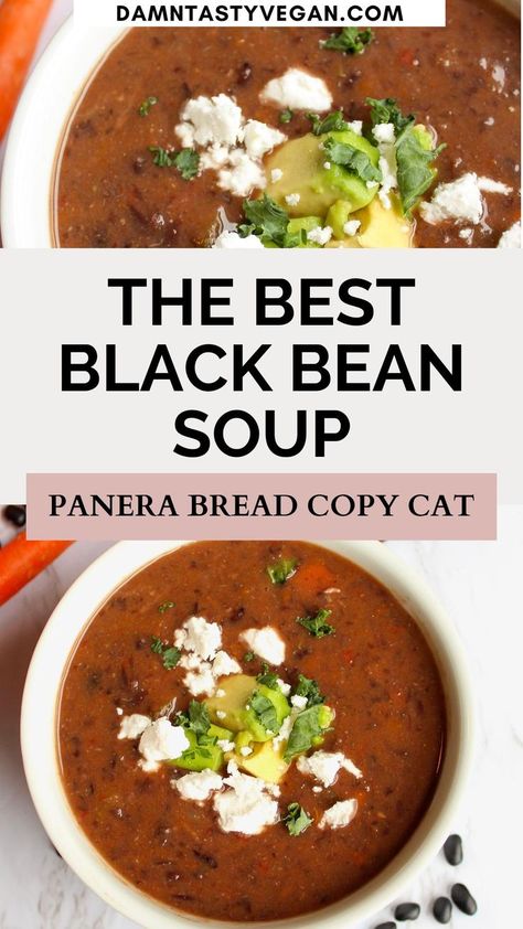 Vegan black bean soup in a bowl. Black Bean Soup Panera, Black Bean Soup Instant Pot, Vegan Black Bean Soup, Easy Black Bean Soup, Vegan Cajun, Black Bean Soup Recipe, Vegan Feta Cheese, Plant Based Soups, Vegan Slow Cooker