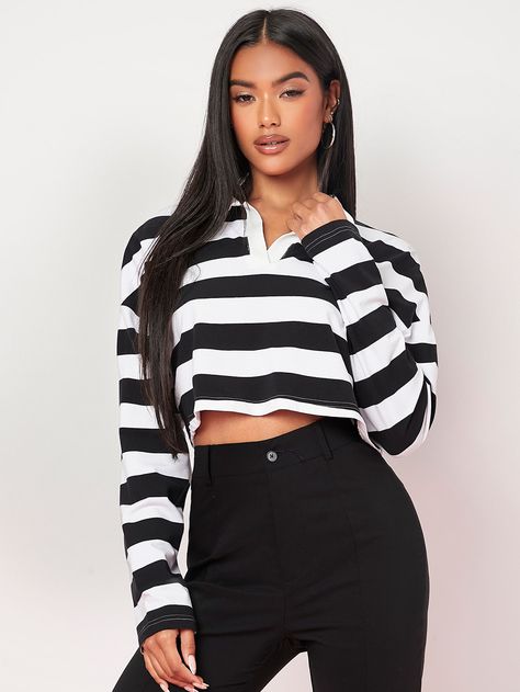 Black and White Casual  Long Sleeve Cotton Striped  Embellished Slight Stretch Spring/Summer Women Tops, Blouses & Tee Stripe Crop Top Outfit, White Striped Shirt Outfit, Striped Top Outfit, Black Long Sleeve Crop Top, Stripped Tops, Striped Jersey, Inspo Board, Crop Top Outfits, Knit Tops